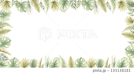 Monstera Palm Leaves Branches Tropical Exotic green plants frame. Watercolor hand painted summer pastel neutral isolated illustration on white background for nursery kids baby card logo label template 133138181