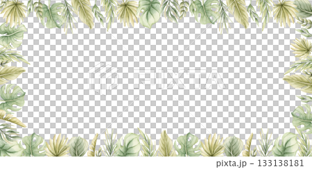 Monstera Palm Leaves Branches Tropical Exotic green plants frame. Watercolor hand painted summer pastel neutral isolated illustration on white background for nursery kids baby card logo label template 133138181