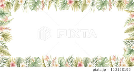 Monstera Palm Leaves Hibiscus Plumeria Flowers. Tropical Exotic frame. Watercolor hand painted summer pastel neutral isolated illustration on white background for nursery kids baby card logo label Monstera Palm Leaves Hibiscus Plumeria Flowers. Tropical Exotic frame. Watercolor hand painted summer pastel neutral isolated illustration on white background for nursery kids baby card logo label 133138196