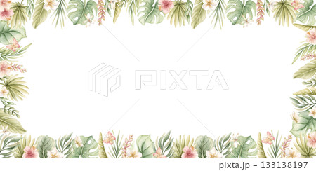 Monstera Palm Leaves Hibiscus Plumeria Flowers. Tropical Exotic frame. Watercolor hand painted summer pastel neutral isolated illustration on white background for nursery kids baby card logo label Monstera Palm Leaves Hibiscus Plumeria Flowers. Tropical Exotic frame. Watercolor hand painted summer pastel neutral isolated illustration on white background for nursery kids baby card logo label 133138197