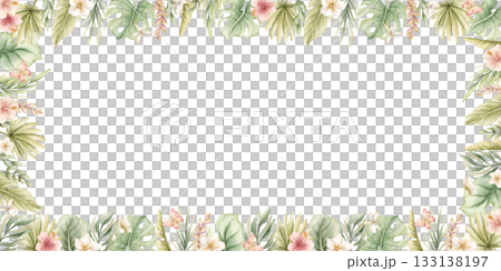Monstera Palm Leaves Hibiscus Plumeria Flowers. Tropical Exotic frame. Watercolor hand painted summer pastel neutral isolated illustration on white background for nursery kids baby card logo label Monstera Palm Leaves Hibiscus Plumeria Flowers. Tropical Exotic frame. Watercolor hand painted summer pastel neutral isolated illustration on white background for nursery kids baby card logo label 133138197