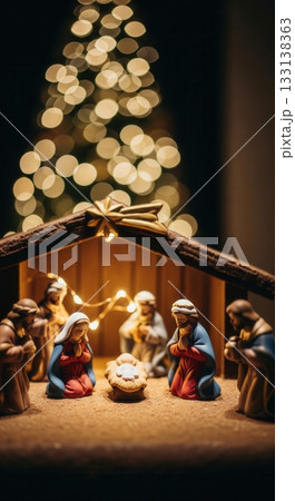 A miniature Christmas nativity scene with figurines of the Holy Family. The warm lights and bokeh background create a magical, spiritual atmosphere, perfect for religious holiday greetings. A miniature Christmas nativity scene with figurines of the Holy Family. The warm lights and bokeh background create a magical, spiritual atmosphere, perfect for religious holiday greetings. 133138363