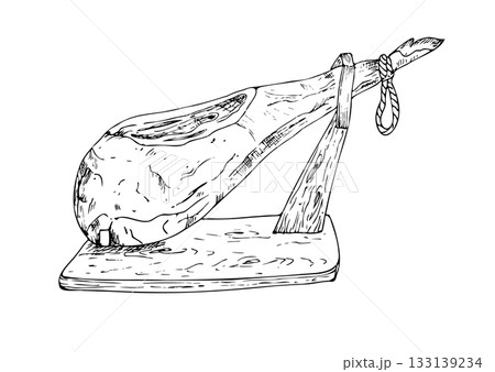 Vector whole cured ham leg on a wooden stand. Graphic ink Traditional spanish jamon serrano illustration, isolated on background. Hand drawn line sketch. For designers, prints, logo, icon, menu 133139234