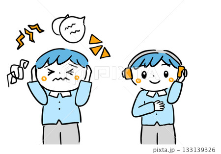 音が苦手な子どもとヘッドホンで落ち着く子どものイラスト／療育・感覚過敏 133139326