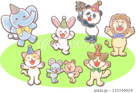 かわいい動物達のパーティー_野原の上でパーティータイム 133140029