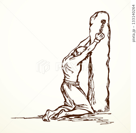 Vector drawing. Beaten man tied to a pole 133140264