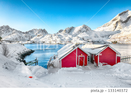 Amazing  view of village on Sundstraumen strait and Kakern Bridge 133140372