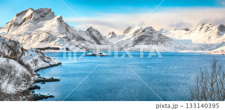 Amazing winter view on Selfjordenn  during sunny day and Krystad Village 133140395