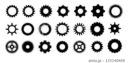Gears shapes line icons. Flat machine gear icon. Wheel cogwheel vector. Simple outline isolated elements. Black gear. 133140409