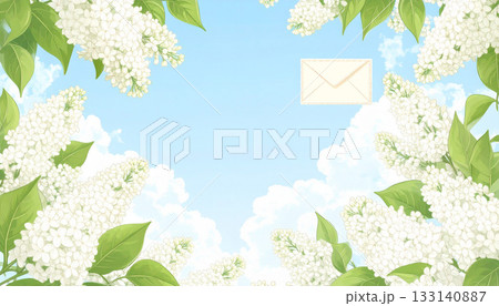 白いライラックと青空が広がる爽やかな花のフレーム背景デザイン 133140887