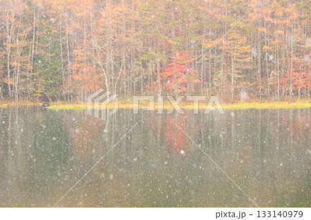 紅葉と雪降る御射鹿池 紅葉と雪降る御射鹿池 133140979