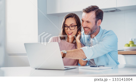 Smiling couple sitting at the computer Smiling couple sitting at the computer 133141004