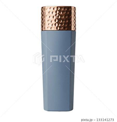 Elegant blue cosmetic bottle with textured copper cap for premium beauty product mockup Elegant blue cosmetic bottle with textured copper cap for premium beauty product mockup 133141273