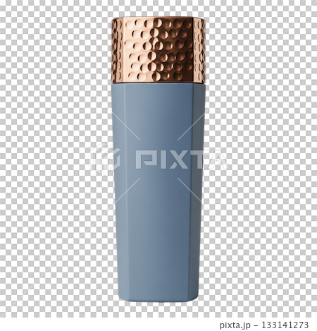 Elegant blue cosmetic bottle with textured copper cap for premium beauty product mockup Elegant blue cosmetic bottle with textured copper cap for premium beauty product mockup 133141273