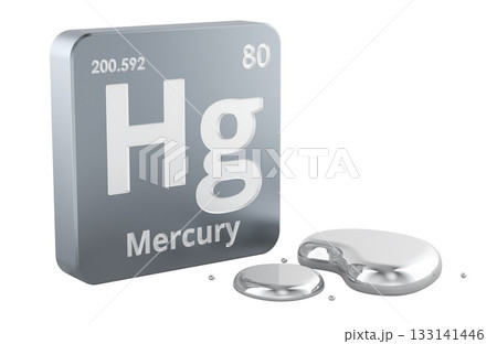 Mercury chemical element Hg with liquid mercury drops, 3D rendering 133141446