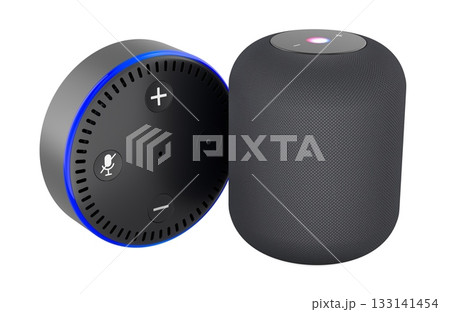 Smart speakers with voice assistant and LED ring. 3D rendering Smart speakers with voice assistant and LED ring. 3D rendering 133141454
