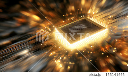 輝くコンピューター基盤上のCPUの周囲をきらきらと光のスピード線が走る、未来テクノロジーのイメージ 輝くコンピューター基盤上のCPUの周囲をきらきらと光のスピード線が走る、未来テクノロジーのイメージ 133141663
