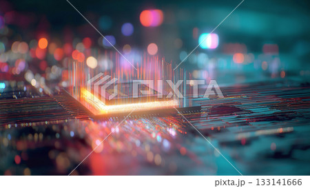 輝くコンピューター基盤上のCPUの周囲をきらきらと光のスピード線が走る、未来テクノロジーのイメージ 輝くコンピューター基盤上のCPUの周囲をきらきらと光のスピード線が走る、未来テクノロジーのイメージ 133141666