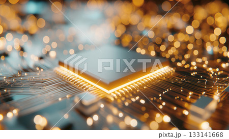 輝くコンピューター基盤上のCPUの周囲をきらきらと光のスピード線が走る、未来テクノロジーのイメージ 輝くコンピューター基盤上のCPUの周囲をきらきらと光のスピード線が走る、未来テクノロジーのイメージ 133141668
