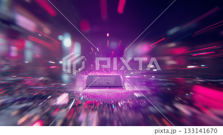 輝くコンピューター基盤上のCPUの周囲をきらきらと光のスピード線が走る、未来テクノロジーのイメージ 133141670