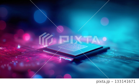 輝くコンピューター基盤上のCPUの周囲をきらきらと光のスピード線が走る、未来テクノロジーのイメージ 輝くコンピューター基盤上のCPUの周囲をきらきらと光のスピード線が走る、未来テクノロジーのイメージ 133141671