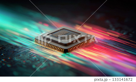 輝くコンピューター基盤上のCPUの周囲をきらきらと光のスピード線が走る、未来テクノロジーのイメージ 輝くコンピューター基盤上のCPUの周囲をきらきらと光のスピード線が走る、未来テクノロジーのイメージ 133141672