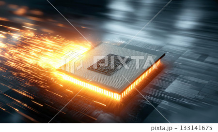 輝くコンピューター基盤上のCPUの周囲をきらきらと光のスピード線が走る、未来テクノロジーのイメージ 輝くコンピューター基盤上のCPUの周囲をきらきらと光のスピード線が走る、未来テクノロジーのイメージ 133141675