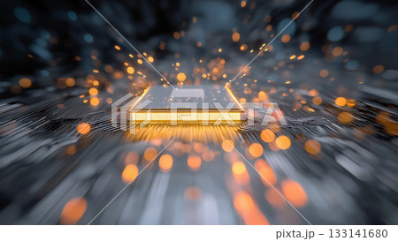 輝くコンピューター基盤上のCPUの周囲をきらきらと光のスピード線が走る、未来テクノロジーのイメージ 輝くコンピューター基盤上のCPUの周囲をきらきらと光のスピード線が走る、未来テクノロジーのイメージ 133141680