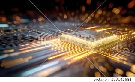 輝くコンピューター基盤上のCPUの周囲をきらきらと光のスピード線が走る、未来テクノロジーのイメージ 輝くコンピューター基盤上のCPUの周囲をきらきらと光のスピード線が走る、未来テクノロジーのイメージ 133141681