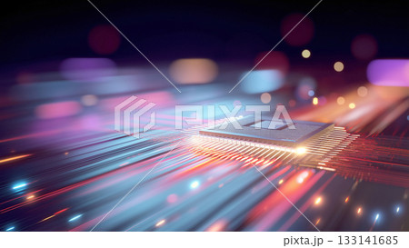 輝くコンピューター基盤上のCPUの周囲をきらきらと光のスピード線が走る、未来テクノロジーのイメージ 輝くコンピューター基盤上のCPUの周囲をきらきらと光のスピード線が走る、未来テクノロジーのイメージ 133141685