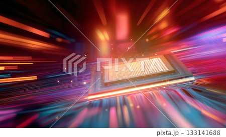 輝くコンピューター基盤上のCPUの周囲をきらきらと光のスピード線が走る、未来テクノロジーのイメージ 輝くコンピューター基盤上のCPUの周囲をきらきらと光のスピード線が走る、未来テクノロジーのイメージ 133141688