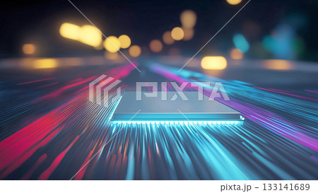 輝くコンピューター基盤上のCPUの周囲をきらきらと光のスピード線が走る、未来テクノロジーのイメージ 輝くコンピューター基盤上のCPUの周囲をきらきらと光のスピード線が走る、未来テクノロジーのイメージ 133141689