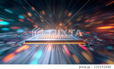 輝くコンピューター基盤上のCPUの周囲をきらきらと光のスピード線が走る、未来テクノロジーのイメージ 輝くコンピューター基盤上のCPUの周囲をきらきらと光のスピード線が走る、未来テクノロジーのイメージ 133141690