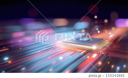 輝くコンピューター基盤上のCPUの周囲をきらきらと光のスピード線が走る、未来テクノロジーのイメージ 輝くコンピューター基盤上のCPUの周囲をきらきらと光のスピード線が走る、未来テクノロジーのイメージ 133141691