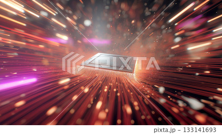 輝くコンピューター基盤上のCPUの周囲をきらきらと光のスピード線が走る、未来テクノロジーのイメージ 輝くコンピューター基盤上のCPUの周囲をきらきらと光のスピード線が走る、未来テクノロジーのイメージ 133141693