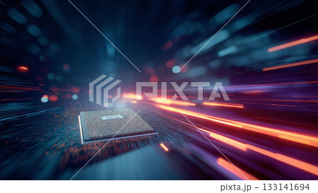 輝くコンピューター基盤上のCPUの周囲をきらきらと光のスピード線が走る、未来テクノロジーのイメージ 輝くコンピューター基盤上のCPUの周囲をきらきらと光のスピード線が走る、未来テクノロジーのイメージ 133141694