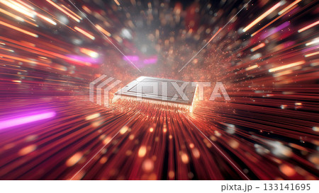 輝くコンピューター基盤上のCPUの周囲をきらきらと光のスピード線が走る、未来テクノロジーのイメージ 輝くコンピューター基盤上のCPUの周囲をきらきらと光のスピード線が走る、未来テクノロジーのイメージ 133141695