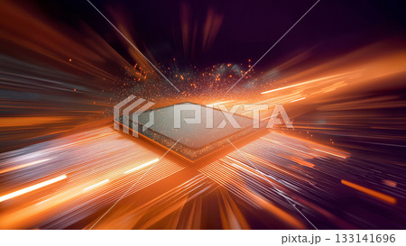 輝くコンピューター基盤上のCPUの周囲をきらきらと光のスピード線が走る、未来テクノロジーのイメージ 輝くコンピューター基盤上のCPUの周囲をきらきらと光のスピード線が走る、未来テクノロジーのイメージ 133141696