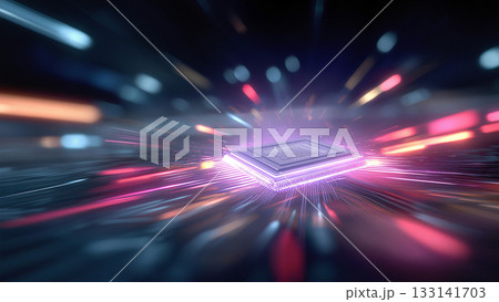 輝くコンピューター基盤上のCPUの周囲をきらきらと光のスピード線が走る、未来テクノロジーのイメージ 輝くコンピューター基盤上のCPUの周囲をきらきらと光のスピード線が走る、未来テクノロジーのイメージ 133141703