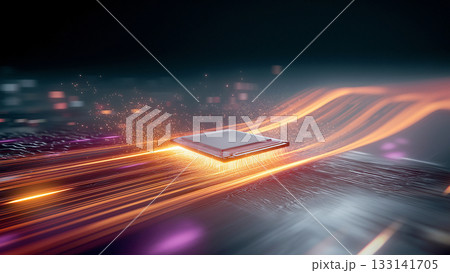 輝くコンピューター基盤上のCPUの周囲をきらきらと光のスピード線が走る、未来テクノロジーのイメージ 133141705