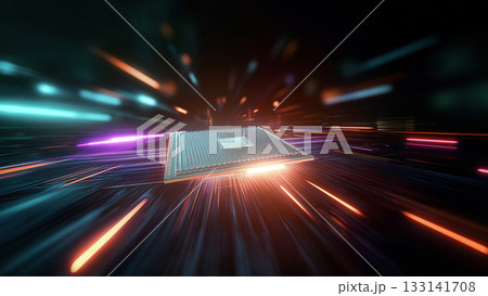 輝くコンピューター基盤上のCPUの周囲をきらきらと光のスピード線が走る、未来テクノロジーのイメージ 輝くコンピューター基盤上のCPUの周囲をきらきらと光のスピード線が走る、未来テクノロジーのイメージ 133141708