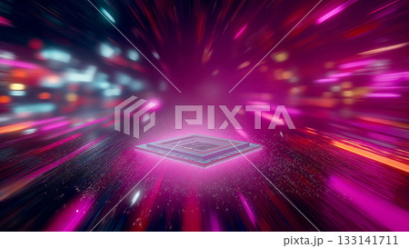 輝くコンピューター基盤上のCPUの周囲をきらきらと光のスピード線が走る、未来テクノロジーのイメージ 輝くコンピューター基盤上のCPUの周囲をきらきらと光のスピード線が走る、未来テクノロジーのイメージ 133141711