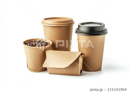 Diverse brown packaging displays eco-friendly options for beverages and snacks. Explore sustainable choices for your daily consumption. Perfect for coffee lovers. Generative AI Diverse brown packaging displays eco-friendly options for beverages and snacks. Explore sustainable choices for your daily consumption. Perfect for coffee lovers. Generative AI 133141904