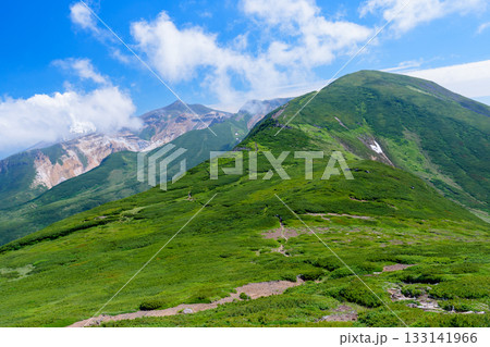 北海道・富良野岳登山道から望む十勝岳の夏の山岳風景 北海道・富良野岳登山道から望む十勝岳の夏の山岳風景 133141966