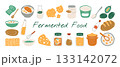 Hand drawn fermented food doodle illustration set. Textured color clipart collection of probiotic gut health elements like kimchi, sourdough, and kombucha. 133142072
