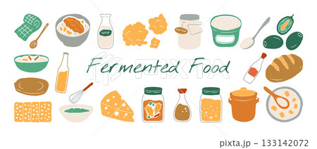 Hand drawn fermented food doodle illustration set. Textured color clipart collection of probiotic gut health elements like kimchi, sourdough, and kombucha. Hand drawn fermented food doodle illustration set. Textured color clipart collection of probiotic gut health elements like kimchi, sourdough, and kombucha. 133142072
