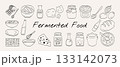 Hand drawn fermented food doodle set with probiotic gut health elements. Collection includes kimchi, sourdough, kombucha, kefir, yogurt, and miso illustration. 133142073