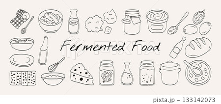 Hand drawn fermented food doodle set with probiotic gut health elements. Collection includes kimchi, sourdough, kombucha, kefir, yogurt, and miso illustration. 133142073