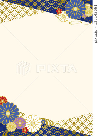 和柄と菊の花の背景フレームイラスト 青 金 縦 和柄と菊の花の背景フレームイラスト 青 金 縦 133142661