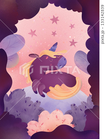 Cute sleepy unicorn floating through dreamy pink-purple sky with stars and leaves. Whimsical children's illustration in soft pastels, perfect for nursery decor, kids books, posters, bedtime stories Cute sleepy unicorn floating through dreamy pink-purple sky with stars and leaves. Whimsical children's illustration in soft pastels, perfect for nursery decor, kids books, posters, bedtime stories 133142839